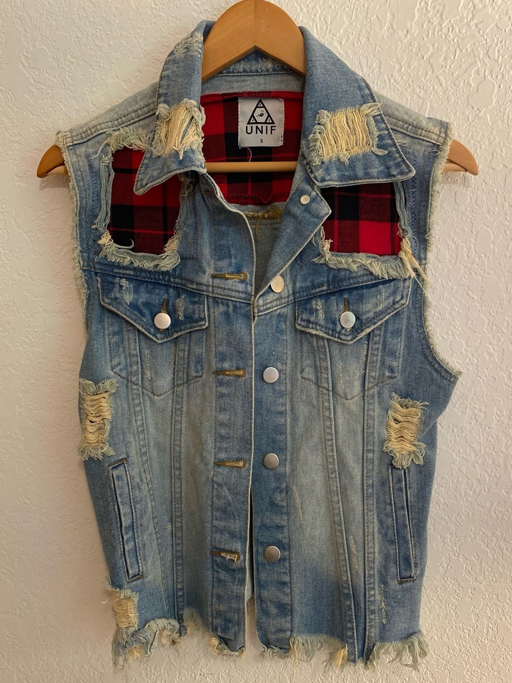 UNIF x Urban Outfitters Pieced Plaid Denim Vest